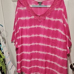 Catherines Pink & White Tie-Dye V-Neck Crochet Trim Tunic